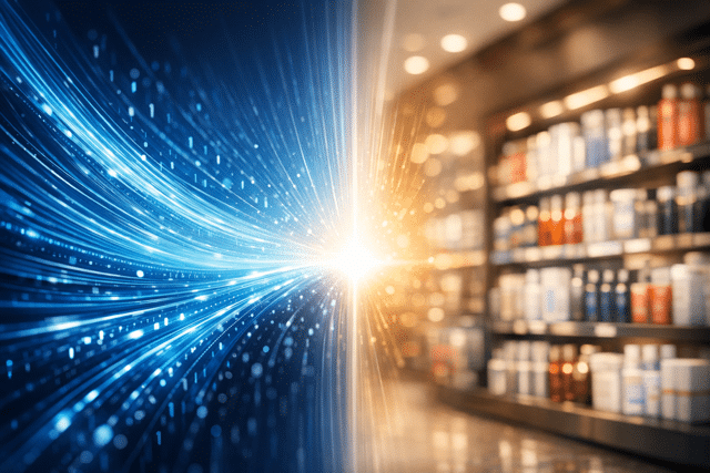 Conceptual image merging digital data streams with a retail supermarket shelf, showing the path from CPG data to physical action.